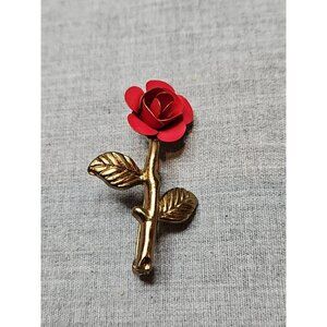 Vintage Red Flower Rose Petal Gold Tone Lapel Pin/Pinback, 2''